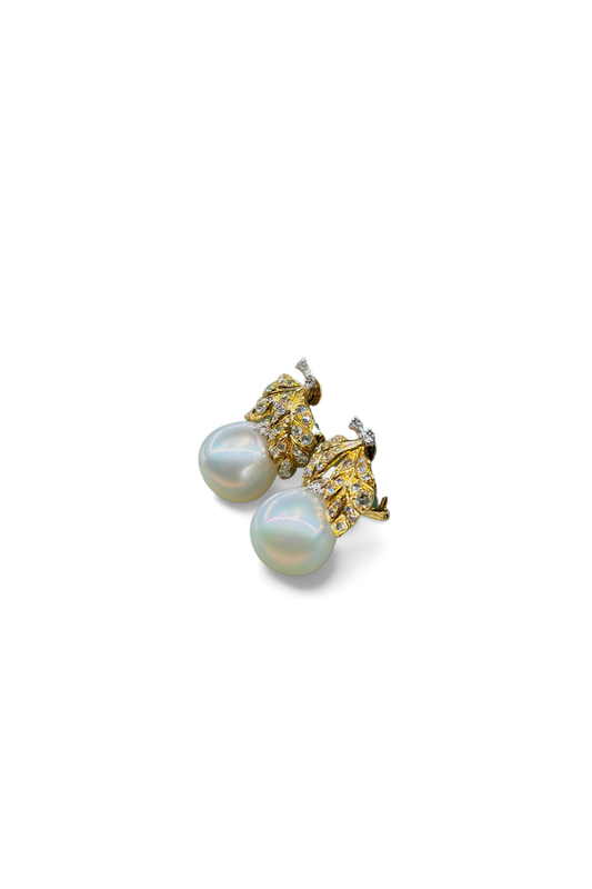 South Sea Pearl Earrings with Golden Leaf