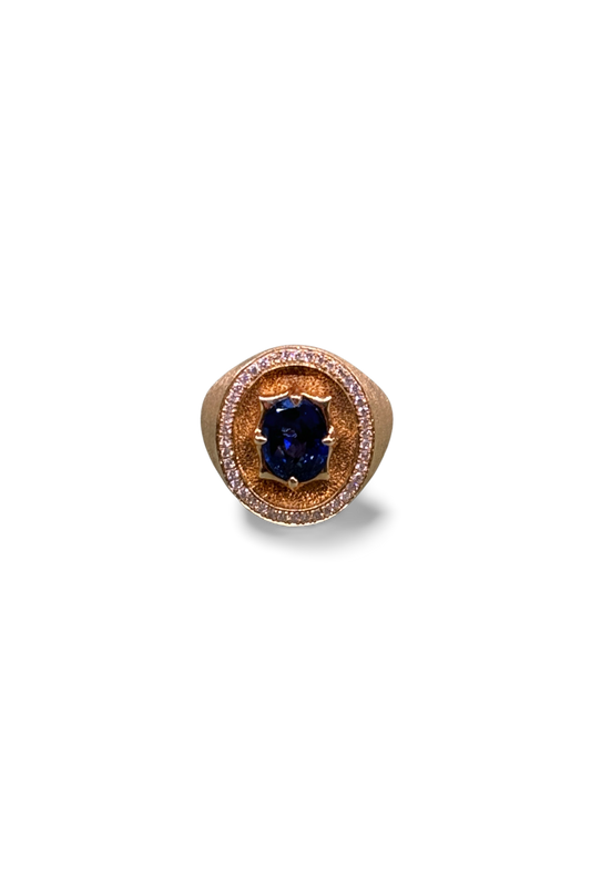 Florentine-Style Engraved Gold Sri Lankan Sapphire Signet Ring